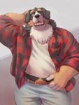 5_fingers anthro belt bottomwear clothing denim denim_bottomwear denim_clothing fingers jeans male pants plaid shirt solo topwear adios bern bernese_mountain_dog canid canine canis domestic_dog mammal molosser mountain_dog swiss_mountain_dog 2020 absurd_res hi_res