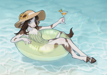 alcohol anthro beverage blue_eyes brown_hair clothing female flower hair hat headgear headwear hooves light light_beam mimosa myakishhs nailpolish plant pool_float skinny slim solo summer sunbeam sunflower sunlight swimming_pool swimwear atia asinus donkey equid equine hybrid mammal mule hi_res