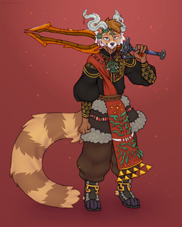 anthro claymore clothed clothing headdress headgear headwear horn male markings melee_weapon solo striped_markings striped_tail stripes sword sword_on_shoulder tail tail_markings weapon weapon_on_shoulder zonai_clothing zonai_technology mystasweet nintendo tears_of_the_kingdom the_legend_of_zelda oscar_imitaru_(some_dumm_wah) some_dumm_wah_(character) ailurid mammal red_panda 4:5 hi_res