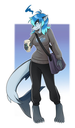 5_toes anthro bag barefoot beverage blue_eyes blue_hair breasts claws clothed clothing coffee countershade_feet countershading fangs feet female finger_claws fully_clothed grumpy hair multicolored_hair non-mammal_breasts solo teeth toe_claws toes two_tone_hair ambris erika_(ambris) aquatic fish shark 2019 absurd_res digital_media_(artwork) hi_res shaded