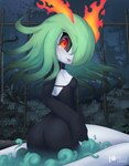 breasts butt clothed clothing female fire looking_at_viewer night not_furry patreon_logo plant side_view small_breasts solo website_logo white_body rilex_lenov nintendo patreon pokemon yui_(rilex_lenov) generation_3_pokemon humanoid kirlia pokemon_(species) 2022 hi_res