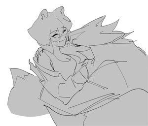 anthro biped breasts cleavage clothed clothing duo eyes_closed female fur hair happy hug jacket looking_at_viewer male male/female medium_breasts narrowed_eyes open_mouth open_smile romantic romantic_couple shirt simple_background smile tail tank_top topwear white_background mhcmm909 brand_new_animal studio_trigger michiru_kagemori shirou_ogami canid canine canis mammal raccoon_dog tanuki wolf 2023 greyscale hi_res monochrome sketch