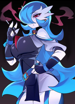 blue_hair breasts cigarette female female_humanoid hair hand_on_hip long_hair looking_at_viewer red_eyes smoke smoking solo white_body chunniwa nintendo pokemon gardevoir generation_3_pokemon humanoid pokemon_(species) absurd_res hi_res