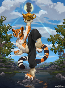 anthro areola arm_above_head arm_markings athletic athletic_anthro athletic_female barefoot biped black_bottomwear black_claws black_clothing black_markings black_pants black_stripes blue_sky bottomwear bowl breasts brown_eyebrows brown_inner_ear brown_markings brown_nose brown_stripes casual_exposure claws clothed clothed_anthro clothed_female clothing cloud container countershade_arms countershade_face countershade_fur countershade_hands countershade_neck countershade_tail countershade_torso countershading day detailed_background eyebrows eyelashes eyes_closed facial_markings feet female female_anthro finger_claws fist foot_wraps forehead_markings fur glistening hand_above_head hand_wraps head_markings holding_object holding_teapot leaf lily_pad long_tail markings mouth_closed multicolored_body multicolored_fur nipples on_one_leg on_rock orange_body orange_ears orange_fur pants pink_areola pink_nipples plant pose raised_arm raised_leg reflection ring_(marking) ringed_tail ripples rock sky small_breasts solo standing standing_on_rock steam striped_arms striped_markings striped_tail stripes sun tail tail_markings teapot text toe_claws toeless_(marking) toes topless topless_anthro topless_female tree water water_reflection white_body white_breasts white_countershading white_fur white_markings white_stripes white_text white_toes wraps lovepuma69 dreamworks kung_fu_panda master_tigress felid mammal pantherine tiger artist_name full-length_portrait hi_res pinup portrait