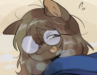 ambiguous_anthro ambiguous_gender anthro black_nose blue_clothing blue_hoodie blue_topwear bodily_fluids brown_body brown_fur brown_hair closed_smile clothing eyewear fur glasses hair hoodie mouth_closed musk round_glasses simple_background smile solo sweat tongue tongue_out topwear yellow_background chewtoyys lucky_(chewtoyys) domestic_cat felid feline felis mammal 2025 headshot_portrait portrait nonbinary_(lore)