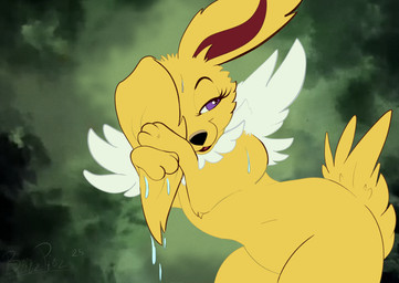 black_nose eyelashes female feral fluffy forest fur holding_ear outside plant purple_eyes smile solo style_emulation tree wet wide_hips yellow_body yellow_fur blitzpitz disney nintendo pokemon eeveelution generation_1_pokemon jolteon pokemon_(species) hi_res signature