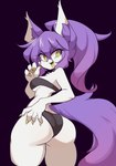 ahoge big_breasts bikini breasts butt claws clothing fangs female fur green_eyes green_tongue hair hand_on_butt hand_on_own_butt long_hair looking_back open_mouth panties ponytail purple_background purple_body purple_fur purple_hair simple_background smile solo spiral_eyes swimwear tail teeth tongue tongue_out two-piece_swimsuit underwear white_body white_fur lucyfercomic hiel_(lucyfer) tal canid canine canis mammal wolf absurd_res hi_res