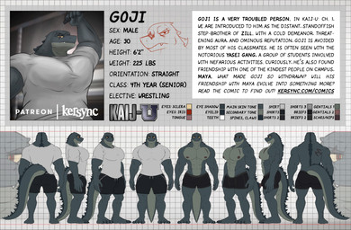 anthro barazoku bottomwear clothed clothing male male_anthro muscular muscular_anthro muscular_male non-furgonomic pecs scar shirt shorts solo text topless topless_anthro topless_male topwear kersync godzilla_(series) toho godzilla goji_(kersync) lizard reptile scalie 2026 absurd_res digital_media_(artwork) english_text hi_res model_sheet story url