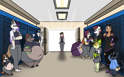 ambiguous_gender anthro backpack barefoot belly big_belly big_breasts bloated book bottomwear breasts claws clothed clothing curvy_figure deep_navel ear_piercing electronics envelope exposed_belly eyelashes eyewear feet female footwear fur glasses group hair huge_belly huge_breasts larger_female leaf leaf_hair locker male navel overweight overweight_anthro overweight_female phone piercing plant plant_hair pseudo_hair purple_hair school shirt shoes shortstack size_difference smile tail teeth thick_thighs toes topwear voluptuous voluptuous_anthro voluptuous_female wide_hips jayme_universe canid canine canis chipmunk common_hippopotamus domestic_cat domestic_dog elemental_creature elemental_humanoid felid feline felis flora_fauna ground_squirrel hippopotamid human humanoid lagomorph leporid mammal plant_humanoid rabbit rodent sciurid wolf digital_media_(artwork) hi_res