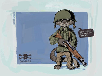 4_fingers 4_toes anthro armor barefoot claws clenched_teeth clothing dialogue feet finger_claws fingers fur green_eyes grey_body grey_fur gun headgear helmet holding_gun holding_object holding_ranged_weapon holding_rifle holding_weapon male military military_uniform ranged_weapon rifle simple_background soldier solo tail teeth text toes uniform warrior weapon alekksandar conditional_dnp domestic_cat felid feline felis mackerel_tabby mammal 4:3 digital_media_(artwork) english_text hi_res url