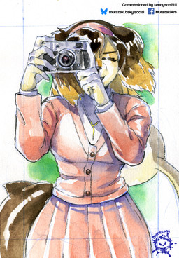 accessory anthro black_nose bottomwear breasts brown_hair brown_tail camera clothing dipstick_hair eyes_closed female hair hair_accessory hairband headband jacket jewelry logo necklace pink_bottomwear pink_clothing pink_jacket pink_skirt pink_topwear skirt solo tail text topwear murazaki canid canine canis domestic_dog mammal commissioner_name guide_lines hi_res painting_(artwork) watercolor_(artwork)