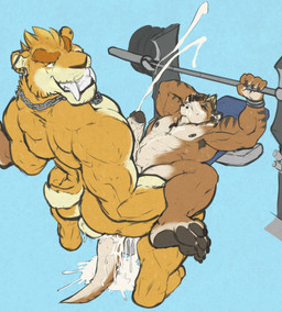 abs anal anal_penetration anthro anthro_on_anthro armpit_hair balls barbell bench_press biceps big_muscles black_nipples blonde_hair blue_background bodily_fluids body_hair brown_body brown_fur clenched_teeth collar collar_only cum cum_in_ass cum_inside cum_on_belly cum_on_body cum_on_chest cum_on_face cum_on_own_face cum_on_self cum_on_tail cum_while_penetrated cumshot duo ear_piercing ejaculation erection excessive_cum excessive_genital_fluids exercise eyes_closed facial_piercing fangs feet fur genital_fluids genitals green_eyes gym hair hand_behind_head hands-free humanoid_genitalia humanoid_penis leaking_cum lying male male/male male_penetrated male_penetrating male_penetrating_male messy muscular muscular_male nipple_piercing nipples nude nude_workout on_back orgasm pawpads paws pecs penetration penis piercing sex sexercise simple_background smile sweat tail teeth vein veiny_penis weight_bench weightlifting weights white_body white_fur white_penis workout wristband yellow_body yellow_fur nightterror kyo_(kiasano) pj_saber canid canine canis domestic_dog felid hybrid mammal mustelid otter prehistoric_species saber-toothed_tiger hi_res