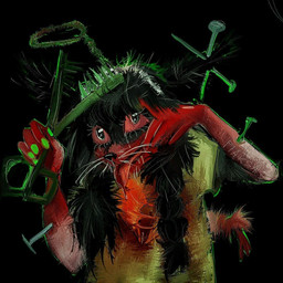 ambiguous_gender angry anthro blood bodily_fluids gore halo insane retro scissors solo tongue plaksapisya domestic_cat felid feline felis mammal 1:1 nonbinary_(lore)