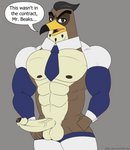 abs anthro armwear avian balls beak bird bodily_fluids clothed clothing costume digital_media_(artwork) disney ducktales ducktales_(2017) erection falcon falcon_graves falconid feathers foreskin genital_fluids genitals hair hi_res klr-rio legwear looking_at_viewer male muscular muscular_anthro muscular_male necktie nipples non-mammal_balls non-mammal_foreskin non-mammal_nipples penis precum reverse_bunny_costume simple_background solo speech_bubble text vein veiny_penis