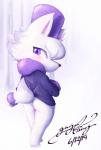 animal_crossing anthro arctic_wolf blush bottomless breasts butt canid canine canis clothed clothing female fur gingy_k_fox hair headgear headwear hi_res looking_back mammal nintendo purple_eyes simple_background solo white_body white_fur whitney_(animal_crossing) wolf