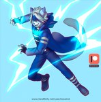 anthro blue_clothing blue_eyes cloak clothed clothing collar electricity electricity_manipulation elemental_manipulation magic magic_user magician male smile smirk solo text rexwind domestic_cat felid feline felis mammal digital_media_(artwork) url