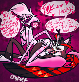 4_arms anal anthro bite_mark black_body black_fur butt chest_tuft dialogue dirty_talk duo feathered_wings feathers fur male male/male multi_arm multi_limb oral pink_body pink_fur rimming sex sharp_teeth teeth text tight_orifice tuft white_body white_fur wings cryfvck hazbin_hotel hellaverse angel_dust husk_(hazbin_hotel) arachnid arthropod demon domestic_cat felid feline felis mammal spider 2021 english_text hi_res
