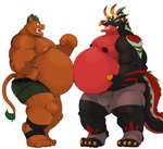 anthro argument belly belt big_belly big_muscles black_body bottomwear brown_body clothing duo feet foot_wraps gesture green_hair hair hand_gesture holding_belly horn male male/male multicolored_body musclegut muscular muscular_anthro muscular_male nipples overweight overweight_anthro overweight_male pecs pointing pointing_at_belly pointing_at_self red_belly shorts simple_background tusks wraps lucusold captain_spike_(jim55) leon_(bowserfan93) ceratopsian dinosaur mammal ornithischian prehistoric_species reptile scalie suid suine sus_(pig) triceratops wild_boar 2017