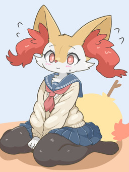 3_fingers 3_toes :3 anthro biped black_body blush bodily_fluids bottomwear breasts cheek_tuft chest_tuft clothed clothed_anthro clothed_female clothing digitigrade dipstick_tail eyelashes facial_tuft feet female female_anthro fingers flying_sweatdrops front_view fully_clothed fully_clothed_anthro fully_clothed_female fur hands_between_legs inner_ear_fluff looking_at_viewer markings mouth_closed multicolored_body multicolored_fur object_in_tail orange_body orange_eyes orange_fur orange_inner_ear_fluff orange_nose orange_tail_tip pupils red_tail_tip school_uniform shirt simple_background sitting skirt small_breasts solo stick stick_in_tail sweat sweatdrop tail tail_markings three-quarter_view toes topwear tuft two_tone_tail uniform wariza white_body white_fur white_pupils yellow_body yellow_fur yellow_tail sankoh_test nintendo pokemon braixen canid generation_6_pokemon mammal pokemon_(species) 2026 3:4 aliasing cel_shading colored digital_drawing_(artwork) digital_media_(artwork) full-length_portrait hi_res portrait shaded