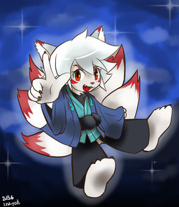 anthro asian_clothing barefoot clothing east_asian_clothing fangs feet happy japanese_clothing looking_at_viewer male markings multi_tail open_mouth red_markings solo tail teeth tongue young young_anthro young_male izu_yoh yokai_torimonocho konshichi canid canine fox mammal 2015 hi_res japanese_description