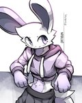 anthro biped clothing crop_top female fur hoodie midriff purple_body purple_clothing purple_eyes purple_fur purple_hoodie purple_topwear shirt slim_anthro slim_female solo topwear white_body white_fur artdeitech lagomorph leporid mammal rabbit 2024 4:5 hi_res