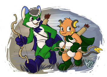 anthro arrow_(weapon) blue_boots blue_cape blue_clothing blue_footwear blue_gloves blue_handwear boots bow_(weapon) cape closed_smile clothed clothing diaper duo footwear fur glistening glistening_eyes gloves grass green_body green_boots green_cape green_clothing green_eyes green_footwear green_fur green_gloves green_handwear grey_eyes grey_hair hair handwear head_tuft holding_bow_(weapon) holding_object holding_ranged_weapon holding_weapon logo male male_anthro markings mouth_closed multicolored_hair open_mouth open_smile orange_body orange_fur plant quiver_(object) ranged_weapon shoes smile tuft two_tone_hair walking weapon wearing_diaper white_body white_diaper white_fur white_hair yellow_markings pandapaco nintendo pokemon canid canine generation_1_pokemon mammal pokemon_(species) raichu artist_logo signature