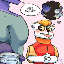 anthro blush blush_face bodily_fluids clothing container cup drooling drooling_tongue duo glass glass_container glass_cup green_clothing green_shirt green_topwear light_source male moobs protective_suit saliva shirt sloppy_kiss snout thought thought_bubble topwear water whiskers yellow_sclera valken_holmes jhon_(jhon's_story) calico_cat domestic_cat felid feline felis mammal 1:1 character_request dated hi_res watermark