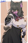 amber_eyes anthro asian_clothing big_breasts black_nose breasts brown_body brown_fur clothing dress east_asian_clothing female female_anthro fur hair high_waisted_bottomwear inner_ear_fluff japanese_clothing japanese_school_uniform kemono looking_at_viewer musical_note musical_symbol open_mouth purple_body purple_fur school_uniform serafuku simple_background smile solo symbol tuft uniform arumo vtuber exy canid canine canis mammal wolf 2021 2:3 hi_res