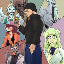 age_difference anthro bald beanie blue_eyes bodily_fluids card clothed clothing crying eye_scar facial_scar feathered_wings feathers female green_body green_hair group hair half-closed_eyes hat headgear headwear long_hair looking_up makeup male multicolored_body narrowed_eyes older_female older_male open_mouth orange_eyes praying red_eyes red_hair scar short_hair smile tears two_tone_body wings deadassspider cavemanon_studios goodbye_volcano_high ko_op_(game_developer) snoot_game anon anon_(snoot_game) fang_(gvh) naser_(gvh) ripley_(snoot_game) rosa_(gvh) samantha_(snoot_game) stella_(gvh_beta) aquilops ceratopsian dinosaur feathered_dinosaur feathered_scalie human humanoid mammal marginocephalian ornithischian prehistoric_species pterosaur reptile scalie stegosaurian stegosaurus thyreophoran hi_res nonbinary_(lore)
