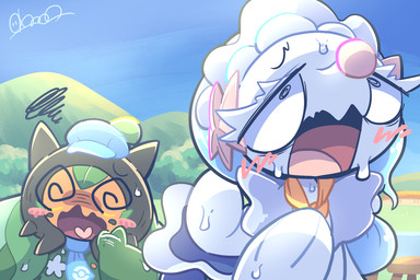 ambiguous_gender anthro bodily_fluids breath clothing day duo female green_body hat headgear headwear heat_(temperature) hill open_mouth orange_body outside panting pink_nose scarf spiral spiral_eyes summer sweat white_body nettsuu nintendo pokemon aquatic generation_7_pokemon generation_9_pokemon humanoid legendary_pokemon mammal ogerpon pinniped pokemon_(species) primarina teal_mask_ogerpon 3:2