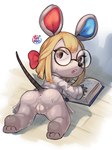accessory anthro anus bodily_fluids book bottomless bow_ribbon butt clothed clothing coat eyewear female genitals glasses hair_accessory hair_bow hair_ribbon kneeling lab_coat looking_at_viewer looking_back presenting presenting_hindquarters pussy rear_view ribbons solo sweat topwear gomogomo animal_crossing nintendo petri_(animal_crossing) house_mouse mammal mouse murid murine rodent absurd_res hi_res
