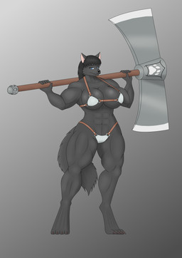 abs anthro armor axe biceps big_breasts black_body black_fur blue_eyes breasts clothed clothing convincing_weapon female fur holding_object holding_weapon melee_weapon muscular muscular_anthro muscular_female skimpy solo tail unconvincing_armor weapon unknown_artist canid canine canis mammal wolf absurd_res hi_res