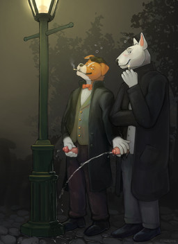 anthro assisted_peeing biped black_clothing black_coat black_topwear blush bodily_fluids bottomwear bow_tie cigarette clear_urine clothed clothing coat duo erection footwear foreskin fully_clothed fur genital_fluids genitals holding_cigarette holding_object holding_penis humanoid_genitalia humanoid_penis male male/male male_anthro male_peeing monotone_body monotone_fur multicolored_body multicolored_fur orange_body orange_fur pants peeing peeing_on_object peeing_outside peeing_together penis penis_poking_out penis_through_fly red_bow_tie shoes smile smoking smoking_cigarette street_lamp topwear two_tone_body two_tone_fur urine urine_stream watersports white_body white_fur flugeldog bull_terrier canid canine canis domestic_dog hunting_dog mammal terrier 2026 digital_media_(artwork) hi_res