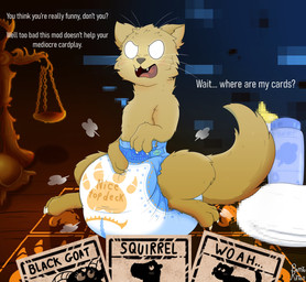 3_fingers 3_toes ambiguous_gender angry baby_bottle baby_powder blush blush_lines bottle brown_body brown_fur brown_nose brown_tail card chain claws clean_diaper clothed clothing container detailed_background dialogue diaper diaper_only fangs feet feral fingers first_person_view folded_diaper footprint front_view fur furniture gameplay_mechanics glowing glowing_eyes group hand_on_diaper heart_symbol horn insult insulting_viewer monotone_body no_pupils on_table open_mouth pawprint pawprint_diaper pixelated sitting sitting_on_table solo_focus table tail talking_to_viewer teeth text toes topless touching_diaper wearing_diaper weighing_scale wetness_indicator whiskers wood wood_furniture wood_table burritokitten daniel_mullins_games inscryption black_goat_(inscryption) cat_(inscryption) squirrel_(inscryption) stoat_(inscryption) bovid caprine domestic_cat felid feline felis goat mammal mustelid musteline rodent sciurid stoat tree_squirrel true_musteline weasel 2024 absurd_res english_text full-length_portrait hi_res portrait signature