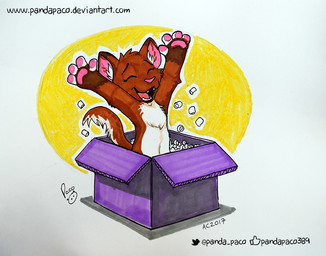 anthro box brown_body brown_fur cardboard cardboard_box container eyes_closed fangs fur inner_ear_fluff logo male nude open_mouth open_smile pawpads pink_nose pink_pawpads playful red_tongue simple_background smile solo teeth text tongue tuft white_body white_fur white_inner_ear_fluff young young_anthro young_male pandapaco 2017 artist_logo dated signature url