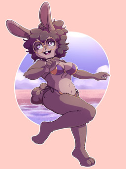 5_fingers anthro beach bikini breasts brown_body brown_fur brown_hair buckteeth clothing female fingers fur hair looking_up navel open_mouth smile solo swimwear tail teeth two-piece_swimsuit water articaartes lagomorph leporid mammal rabbit 2026 absurd_res digital_media_(artwork) hi_res