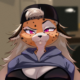 anthro backwards_baseball_cap backwards_hat baseball_cap blurred_background breasts cleavage clothed clothing devious devious_grin fangs female fur grey_hair hair hat headgear headwear long_hair looking_at_viewer markings multicolored_body multicolored_fur orange_body orange_fur pink_eyes polka_dots solo spots spotted_body spotted_fur teeth tomboy white_body white_fur someone1912 alex_(itsnafulol) cheetah felid feline mammal 1:1 meme