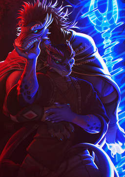 anthro black_spots blue_body blue_eyes brown_clothing brown_topwear clothed clothing duo glistening glistening_eyes hair holding_melee_weapon holding_object holding_polearm holding_spear holding_weapon looking_at_viewer male melee_weapon polearm red_hair sharp_teeth spear spots spotted_arms tan_body teeth text topwear weapon azuza scalie 2023 artist_name dated hi_res