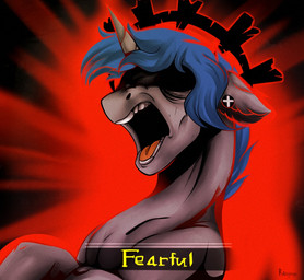 blue_mane ear_piercing feral frown fur grey_body grey_fur grey_horn horn iron_crown_(darkest_dungeon) light male male_feral mane open_frown open_mouth piercing red_background red_tongue shadow_face short_mane simple_background solo teeth text text_box tongue unicorn_horn rayrage darkest_dungeon hasbro my_little_pony mythology fan_character equid equine mammal mythological_creature mythological_equine unicorn 2020 artist_name bust_portrait colored crossover digital_drawing_(artwork) digital_media_(artwork) english_description english_text lighting portrait shaded