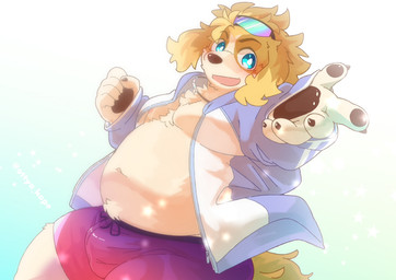 anthro belly blonde_hair blue_eyes blush bottomwear bulge clothing eyewear hair male navel overweight shorts smile solo sunglasses swimming_trunks swimwear ottyo_kope lifewonders live_a_hero hisaki_(live_a_hero) canid canine canis domestic_dog mammal hi_res