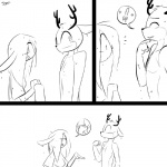 1:1 anthro antlers awkward black_and_white blush breasts bulge clothed clothing comic deer dialogue digital_drawing_(artwork) digital_media_(artwork) duo erection erection_under_clothing eye_through_hair female gesture hair hand_gesture horn lagomorph leporid male mammal monochrome pictographics pointing pointing_at_another pointing_at_head pointing_at_self rabbit scientific_instrument shirt slypon smile speech_bubble thermometer topless topless_male topwear towel translucent translucent_hair wet wet_hair