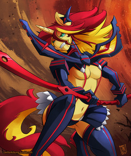 anthro anthrofied blonde_hair breasts brown_background clothed clothing female fur green_eyes hair horn long_hair melee_weapon navel red_body red_fur red_hair simple_background skimpy solo sword text voice_actor_joke weapon yellow_body yellow_fur zwitterkitsune equestria_girls hasbro kill_la_kill my_little_pony mythology studio_trigger senketsu sunset_shimmer_(eg) equid equine kamui_(kill_la_kill) mammal mythological_creature mythological_equine unicorn 2016 crossover english_text signature