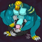 1:1 2023 3_toes 5_fingers anthro anthro_on_anthro arm_grab bared_teeth big_biceps big_dom_small_sub big_muscles big_pecs big_penis blue_body blue_scales cel_shading clawed_fingers claws collared_lizard common_collared_lizard crouching digital_drawing_(artwork) digital_media_(artwork) dominant dominant_anthro duo erection eyewear eyewear_on_head eyewear_only feet finger_claws fingers foreskin fur generation_7_pokemon genitals glans glowing glowing_eyes goggles goggles_on_head goggles_only grabbing_waist grey_body grey_fur grin hi_res highlights_(coloring) humanoid_genitalia humanoid_penis hyper hypnosis hypnotic_eyes legs_around_partner lizard lycanroc lying male male/male markings midnight_lycanroc mind_control monroe_lehner monroethelizard muscular muscular_anthro muscular_arms muscular_male nintendo nipples noise_(jackallabs) nude on_back orange_body orange_scales pecs penis pink_glans pink_nipples pokemon pokemon_(species) reptile retracted_foreskin ringed_eyes scales scalie shaded signature simple_background size_difference smile spots spotted_markings striped_markings stripes submissive submissive_anthro thick_penis toe_claws toes waist_grab white_body white_claws white_fur yellow_body yellow_scales