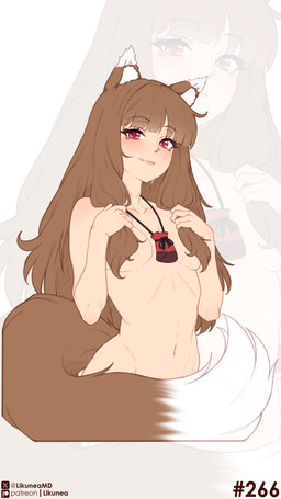 brown_hair convenient_censorship dipstick_tail female hair hair_covering_breasts long_hair markings navel nude nude_female red_eyes solo tail tail_covering_crotch tail_markings likunea spice_and_wolf holo_(spice_and_wolf) animal_humanoid canid canid_humanoid canine canine_humanoid humanoid mammal mammal_humanoid wolf_humanoid 4k 9:16 absurd_res hi_res