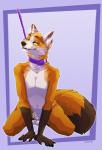 animal_genitalia anthro balls biped black_nose brown_body brown_fur chastity_cage chastity_device collar eyebrows fur genitals kneeling leash lock looking_at_viewer male multicolored_body multicolored_fur navel orange_body orange_fur padlock purple_background purple_collar sheath sheath_cage simple_background solo white_body white_fur yellow_eyes doggadee canid canine fox mammal hi_res