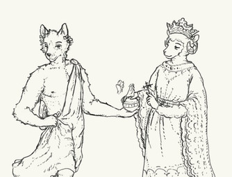 anthro clothing crown duo ears_up eyebrows fur headgear horn king looking_at_another looking_at_viewer male male/male nipples robe royalty wearing_crown wool_(fur) reynard_goodfellow reynard_the_baa bovid canid canine canis caprine mammal sheep wolf monochrome