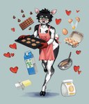 anthro apron apron_only baking black_body black_fur black_hair black_hooves butter candy chocolate clothing cookie cooking dairy_products dessert egg femboy flour food freckles fur green_eyes hair handwear heart_symbol hooves kitchen_utensils male milk mostly_nude mottled mottled_body mottled_fur one_leg_up oven_mitts pink_nose raised_leg simple_background smile solo text text_on_apron text_on_clothing thick_thighs tools white_body white_fur wide_hips mabiwabi sue_lee deer mammal english_text hi_res