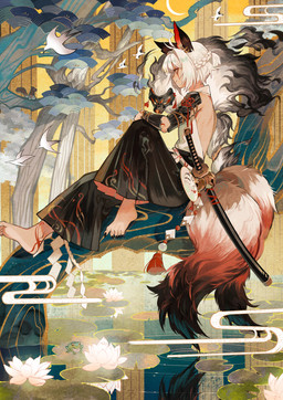 2_tails asian_clothing barefoot braided_hair clothing dipstick_tail east_asian_clothing feet flower hair katana lake looking_aside lotus_(flower) male markings mask melee_weapon moon multi_tail plant smile solo sword tail tail_markings tree water weapon white_hair tsubonari onmyoji hakuzousu_(onmyoji) ambient_bird ambient_frog ambient_squirrel animal_humanoid canid canid_humanoid canine canine_humanoid fox_humanoid humanoid mammal mammal_humanoid 2022 digital_media_(artwork) hi_res