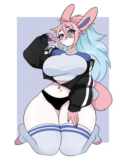 anthro anthrofied big_breasts black_clothing black_jacket black_panties black_topwear black_underwear blue_eyes blue_hair breasts camel_toe clothed clothing curvy_figure eyelashes female fluffy fluffy_tail hair huge_breasts jacket kneeling legwear open_clothing open_jacket open_topwear panties pink_ears pink_hair pink_tail pokemorph shirt smile smiling_at_viewer solo stockings tail thick_thighs thigh_highs topwear underwear white_body white_clothing white_legwear white_stockings white_thigh_highs wide_hips marzipantwt nintendo pokemon marz_(marzipantwt) canid eeveelution generation_6_pokemon mammal pokemon_(species) sylveon hi_res