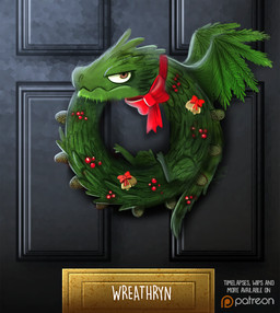 ambiguous_gender bell brown_eyes door grumpy holidays holly_(plant) humor pinecone plant pun ribbons solo tail text visual_pun wings wreath piper_thibodeau christmas european_mythology mythology dragon elemental_creature flora_fauna mythological_creature mythological_scalie scalie western_dragon wyvern digital_media_(artwork) digital_painting_(artwork) english_text painting_(artwork)